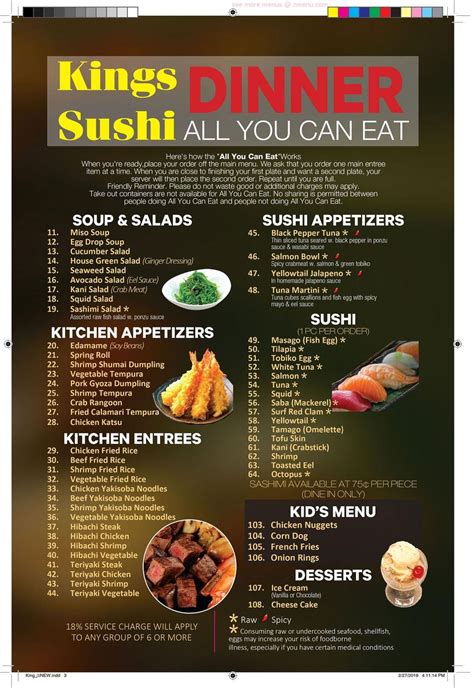 Kings sushi - Kings Sushi is a delightful Japanese bar and eatery, located at 801 Hwy 17 S, North Myrtle Beach, South Carolina, 29582. This relaxed establishment offers a variety of hibachi fare and mouthwatering sushi options, including an all-you-can-eat choice. 